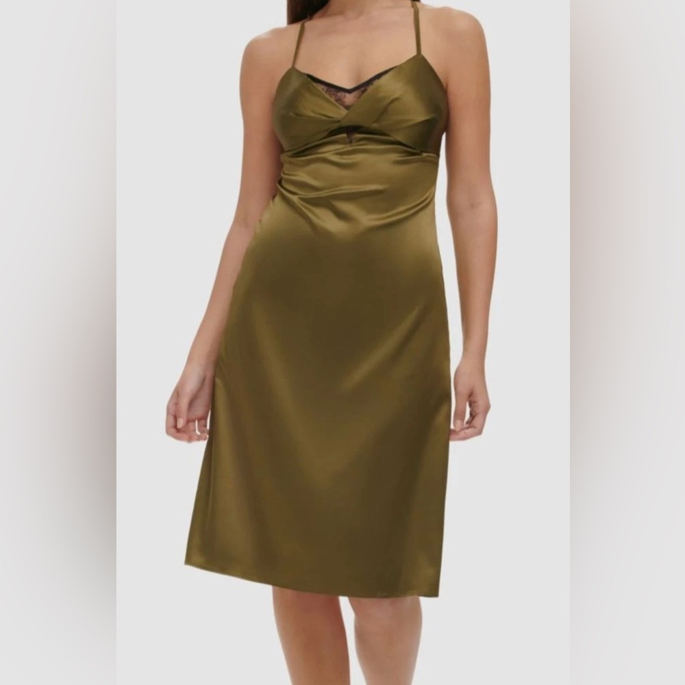 Guess NWT Size 12 Olive Green‎ Satin Slip Midi Dress Lace Trim Strappy